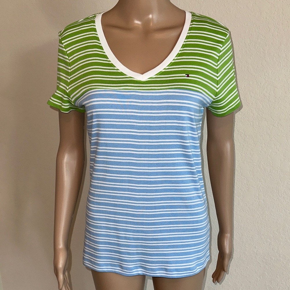 TOMMY HILFIGER  V-Neck Green and Blue Striped Tee.